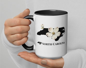 North Carolina Mug, Color Inside, NC State Flower, Dogwood, Coffee Cup, Drinkware, Art Mug, NC Map Gift, Personalization Available