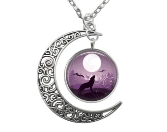 Wolf Howling at Full Moon Pendant Filigree Crescent Moon Antique Silver Necklace
