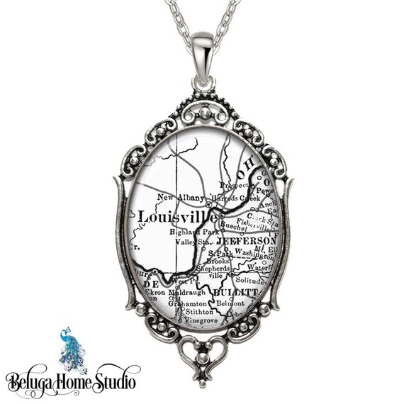 Antique Map Pendant Louisville KY Oval Filigree Necklace State 