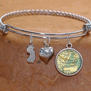 Elizabeth New Jersey Map Charm Bracelet State of NJ Bangle Cuff Bracelet Vintage Map Jewelry Stainless Steel Bracelet image 1