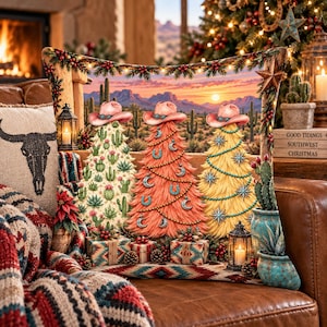 Southwestern Cowboy Christmas Pillow – Western Christmas Trees, Pink Cowboy Hats & Rustic Desert Holiday Decor, Insert Included