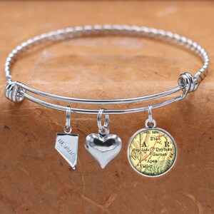 Bracelet carte Nevada / Dry Lake, Apex, grenat NV / Custom carte Charm Bracelet Vintage carte bijoux & cadeaux / demoiselle d’honneur d’anniversaire l’obtention du diplôme