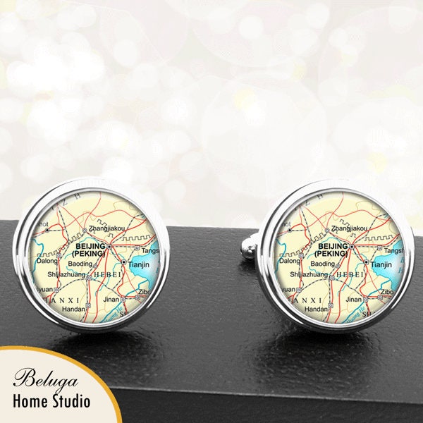 Map Cufflinks Beijing China Cuff Links for Groomsmen Groom Fiance Anniversary Wedding Party Fathers Dads Men