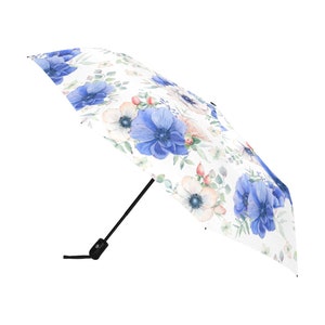 Rain Umbrella, Blue & Blush Anemone Flowers, Anti UV Automatic Premium Umbrella, Outside or Underside Printing, Sun Protection UPF 50+