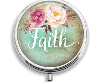 Pill Case Faith Inspirational Words Watercolor Flowers Case Trinket Box Vitamin Holder Medicine Box Mint Tin Gifts For Her