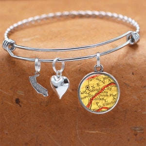 Pulseira mapa da Califórnia/Colfax Nevada City CA/pulseira com pingentes/joias de mapa vintage/presente de dama de honra/casamentos de formatura de aniversário