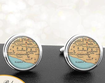 Map Cufflinks Acapulco Mexico Handmade Cuff Links Mexican City Maps Groomsmen Weddings Fathers Dads