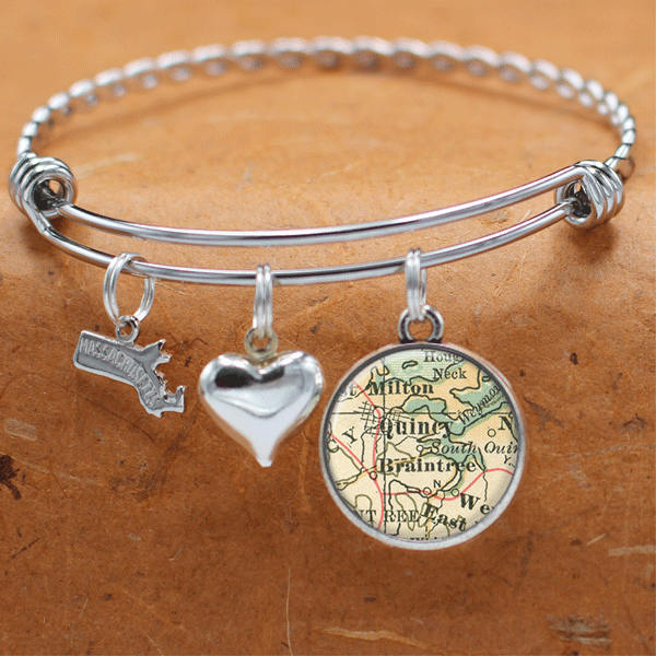 Karte Armband Braintree Quincy Massachusetts State of MA Bangle Manschette Armband Vintage Karte Schmuck Edelstahl Armbänder
