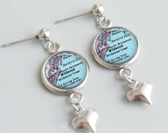 New Jersey Map Earrings / Wildwood NJ / Stainless Steel Stud Heart Dangle French Leverback Styles / Map Gifts For Her