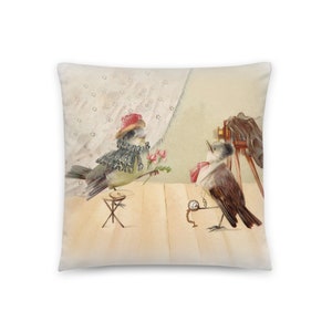 May include: Two birds dressed in formal attire pose for a photograph. One bird wears a hat and scarf, while the other wears a bow tie. A vintage camera and a pocket watch are visible in the background.
