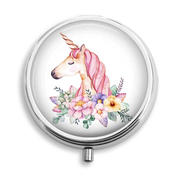 Pill Box Pill Case Unicorn Cameo Watercolor Flowers Pill Holder Pill Container Trinket Box PillBox Vitamin Holder Medicine Box Mint Tin