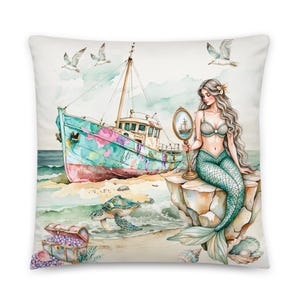 Cuscino decorativo con sirena naufragata e specchio, ideale per divano, poltrona, arredamento casa, imbottitura inclusa, tema nautico, costiero e oceanico.