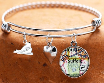 Virginia Charm Bracelet / Suffolk VA Map Bracelet / Bangle Bracelet Map Jewelry Bracelet Gifts For Her / Custom Choose Your City or Town