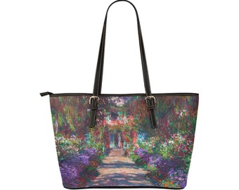 レザートートバッグ、モネ、小道、印象派、ショルダーバッグ、ワークバッグ、ハンドバッグ、花嫁介添人ギフト、財布、PU ビーガンレザー