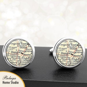 Vintage Kaart Manchetknopen Bangor ME Manchetknopen Staat van Maine voor Groomsmen Wedding Party Vaders Vaders Mannen