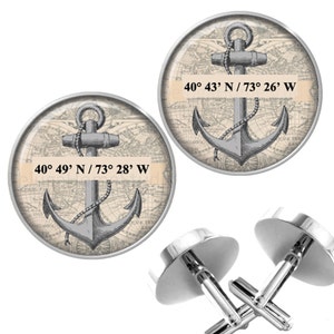 Boutons de manchette personnalisés Latitude Longitude sur l'ancrage avec carte Antique fond manchette pour Grooms mariage fête papas pères hommes