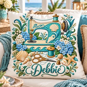 Personalized Coastal Sewing Machine Pillow – Custom Name Blue Hydrangea Pillow | Beach Cottage Craft Room Decor | Quilter & Seamstress Gift
