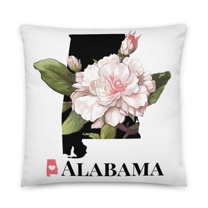 Oreiller de carte de l’Alabama avec fleur d’État, camélia, AL, oreiller jetable, accent de canapé, cadeau de maison neuve, voyage, vacances, esprit d’errance