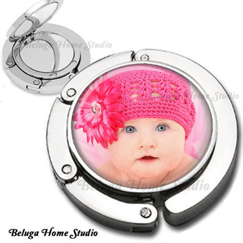 Personalized Baby Photograph Purse Hook Bag Hanger Lipstick Compact Mirror image 1