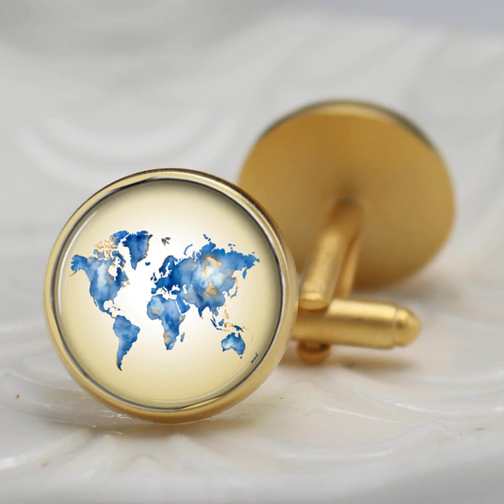 World Map Cufflinks in Blue and Gold Cuff Links for Grooms Weddings Dads Fathers Men