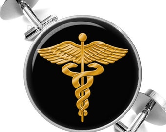 Cufflinks Caduceus Medical Symbol Gold and Black Groomsmen Wedding Party Fathers Dads Men