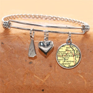 New Hampshire Map Bracelet / Franklin NH / Custom Map Charm Bracelet / Vintage Map Jewelry / Map Gifts /  Bridesmaid Birthday Graduation