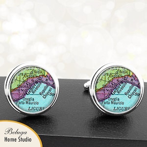 Kaart Manchetknopen Genova Vintage handgemaakte Cuff Links Italiaanse stad Italië kaarten Europa Groomsmen bruiloften vaders vaders