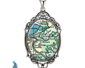 Vintage Map Pendant Oval Filigree City New Orleans Louisiana  Map Necklace State of LA Map Jewelry Destination Travel