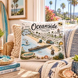 Whimsical Oceanside, California Pillow, Illustrated Style CA Home Decor, Beach Vibe, Insert Included
