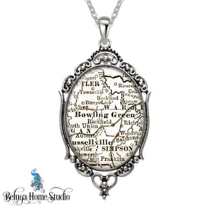 Vintage Map Necklace Oval Filigree Pendant City of Bowling Green KY State of Kentucky United States Antique Map Pendant