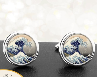Cufflinks Hokusai The Great Wave / Cuff Links Groomsmen Wedding Party Fathers Dads Men Gifts Him / Famous Art Artists Paintings