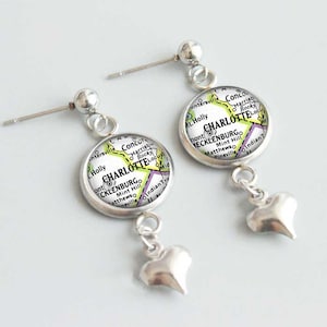 North Carolina Map Earrings / Charlotte NC / Stainless Steel Stud Heart Dangle French Leverback Styles / Map Gifts For Her