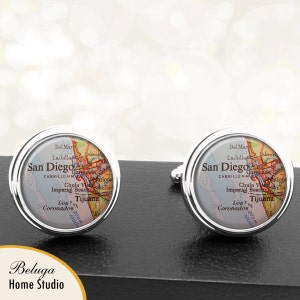 Kaart van manchetknopen San Diego Delmar La Jolla Chula Vista Tijuana CA handgemaakte Cuff Links VS stadstaat Maps Californië