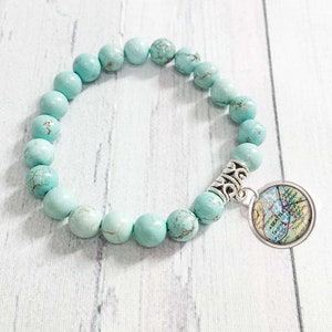 Seattle Washington / Custom Beaded Bracelets / Map Charm Bracelet / Turquoise or Tiger Eye Natural Stones / State of WA / Bridesmaid Gifts