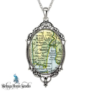 Vintage carte collier ovale en filigrane pendentif ville de Mobile Alabama Antique carte pendentif Etat de AL