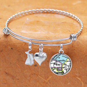 Michigan Karte Armband / Bay City MI / Charm Armband / Vintage Karte Schmuck / Brautjungfer Geburtstag Graduierung Geschenke für Sie