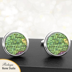 Kaart Manchetknopen Turijn Turijn Italië handgemaakte Cuff Links Italiaanse stad Vintage kaarten Europa Groomsmen bruiloften vaders vaders