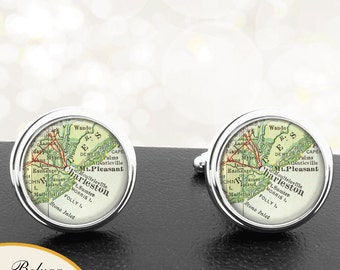 Map Cufflinks Charleston South Carolina Handmade Cuff Links City State Maps SC Groomsmen Wedding Party Fathers Dads Men