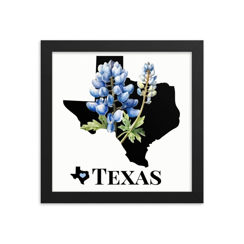 Texas Art Print, State Flower, Bluebonnets, Framed Print, TX Map Gifts, Map Print, Home Decor, Wall Art, Wedding Gifts, Real Estate Gifts