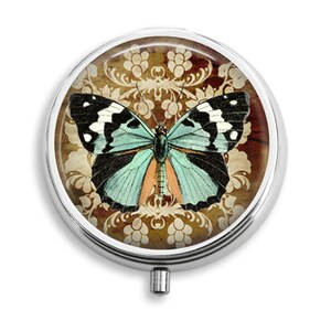 Pill Case Damask Butterfly Teal Black White Sepia Pill Box Case Trinket Box Vitamin Holder Medicine Box Mint Tin Gifts For Her