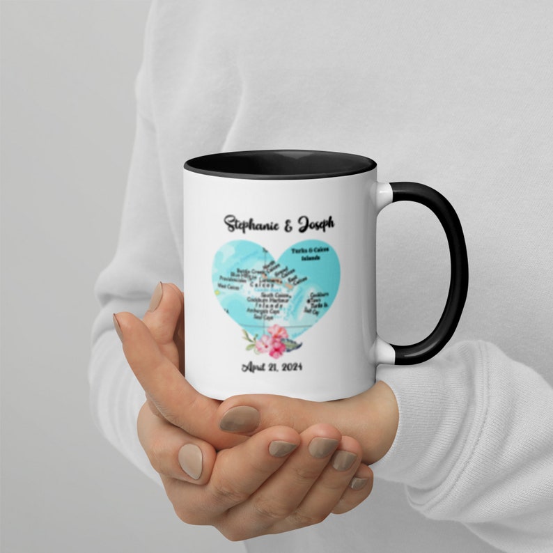 Personalized Map Heart Mug with Color Inside, Tropical Island, Turks and Caicos, Honeymoon Destination, Unique Wedding Gift, Anniversary