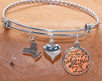 Custom Map Charm Bracelet Adirondack Mountains State of NY Bangle Cuff Bracelet Vintage Map Jewelry Stainless Steel Bracelet