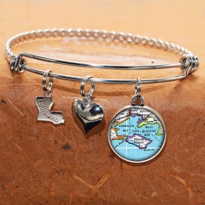 Louisiana Map Bracelet / Marsh Island LA / Map Charm Bracelet / Vintage Map Jewelry / Map Gifts /  Bridesmaid Birthday Graduation