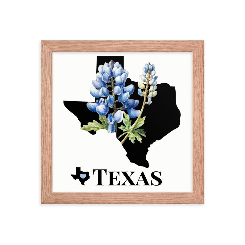 Texas Art Print, State Flower, Bluebonnets, Framed Print, TX Map Gifts, Map Print, Home Decor, Wall Art, Wedding Gifts, Real Estate Gifts