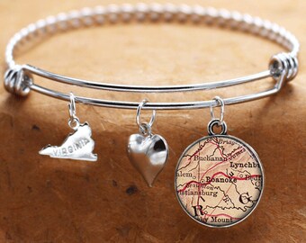 Map Charm Bracelet Roanoke Virginia Antique Map State VA Bangle Cuff Bracelet Vintage Map Jewelry Stainless Steel Bracelet