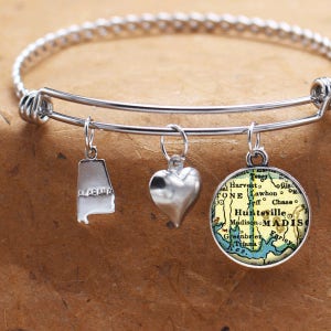 Huntsville Alabama mapa encanto pulsera estado de AL brazalete brazalete Vintage mapa joyería de acero inoxidable pulsera