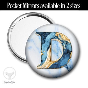 Personalized Initial Mirror, Blue Gold Marble, Holiday Gift, Alphabet Letters, Choose Pocket Mirror, Purse Hook or Compact Mirror