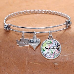 Bremerton WA Map Charm Bracelet State of Washington Bangle Cuff Bracelet Vintage Map Jewelry Stainless Steel Bracelet