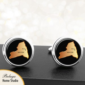 State Cufflinks New York Gold Black Handmade Cuff Links USA States Outline NY Groomsmen Wedding Fathers Dad Men