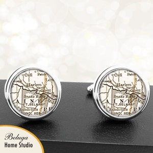 Manchetknopen Harlem MT Ft Belknap Montana handgemaakte Cuff Links stad reserveringsstatus kaarten Montana Groomsmen bruiloft partij vaders vaders mannen